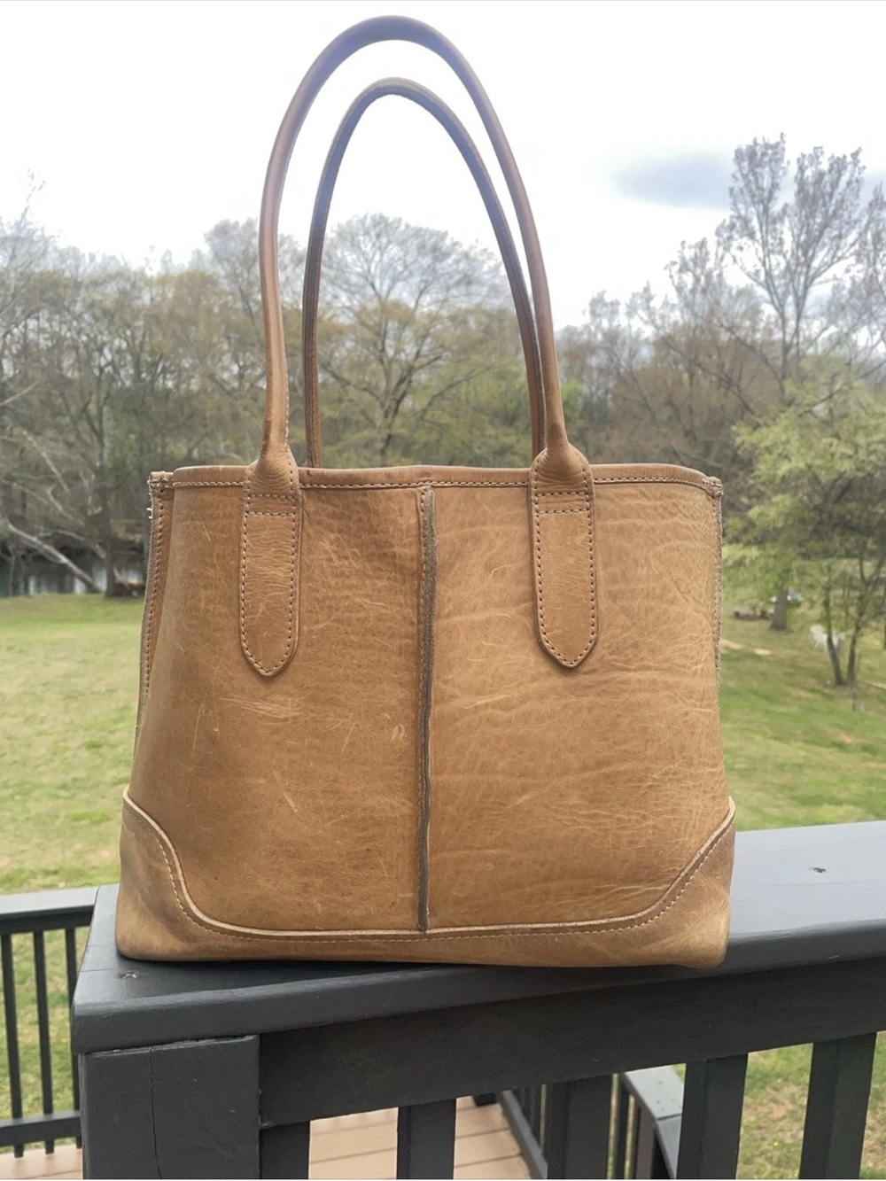 FRYE Cara Shoulder Tote Shoulder Bag -Beige-Distressed Leather $398 - Picture 2 of 12